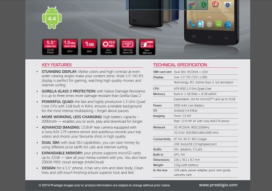 Specificatii Prestigio Mulltiphone 5550